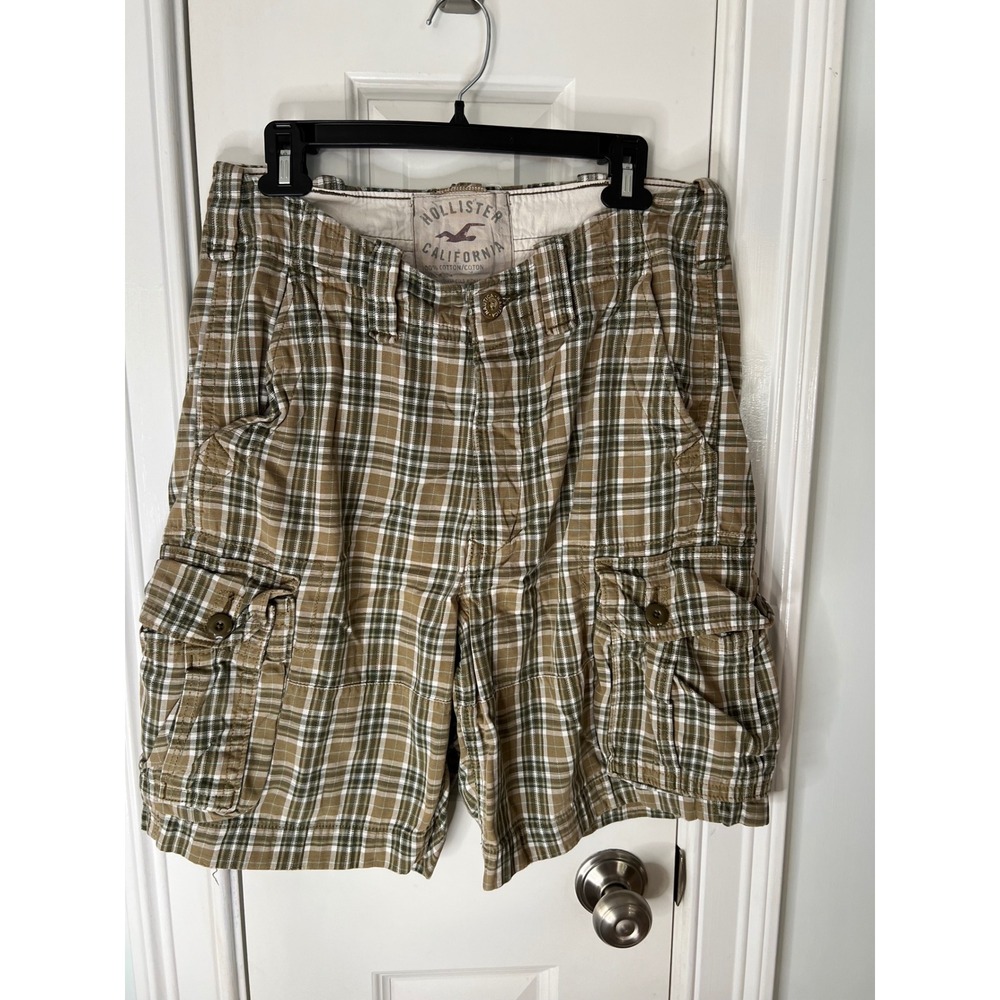 Vintage Hollister Plaid Cargo Shorts Mens 30 Brown Green Y2K Cotton 2000s